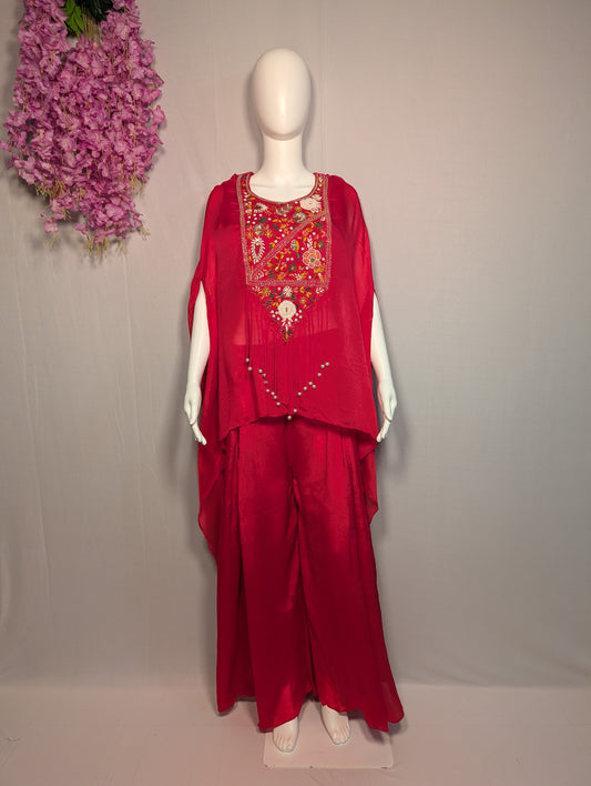 Pure Chinon Handwork Three-Piece Kaftan Set – Red Elegance | Zari Zen