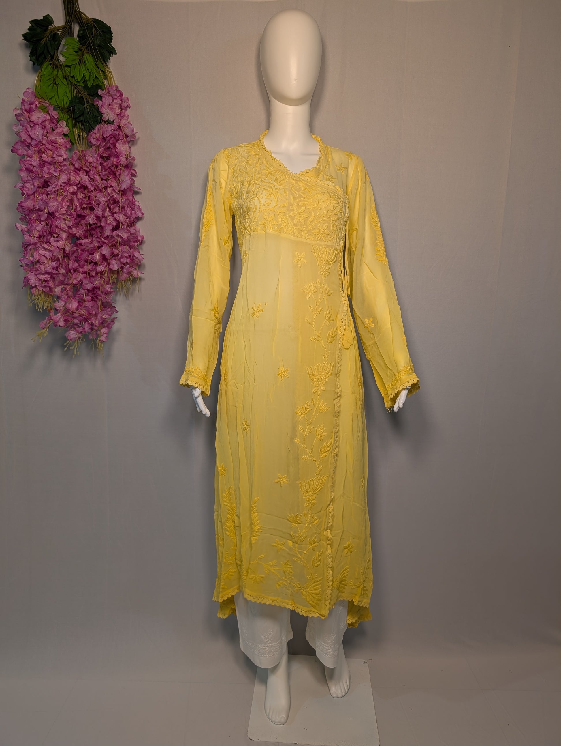 Noor Angrakha Chikankari Kurti – Sunlit Threads in Lemon Yellow