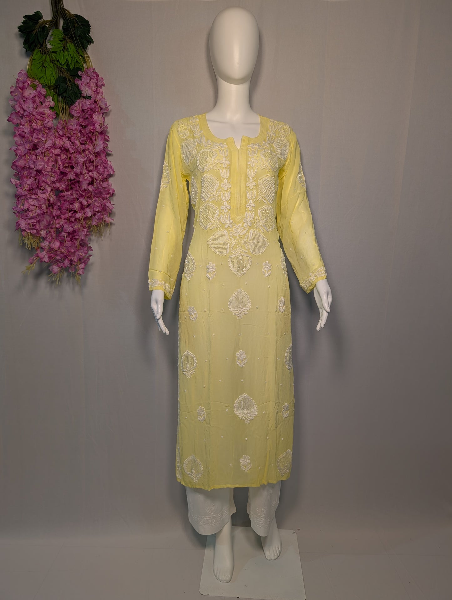 Aafreen Georgette Chikankari Kurti – Lemon Bliss with Pearled Grace