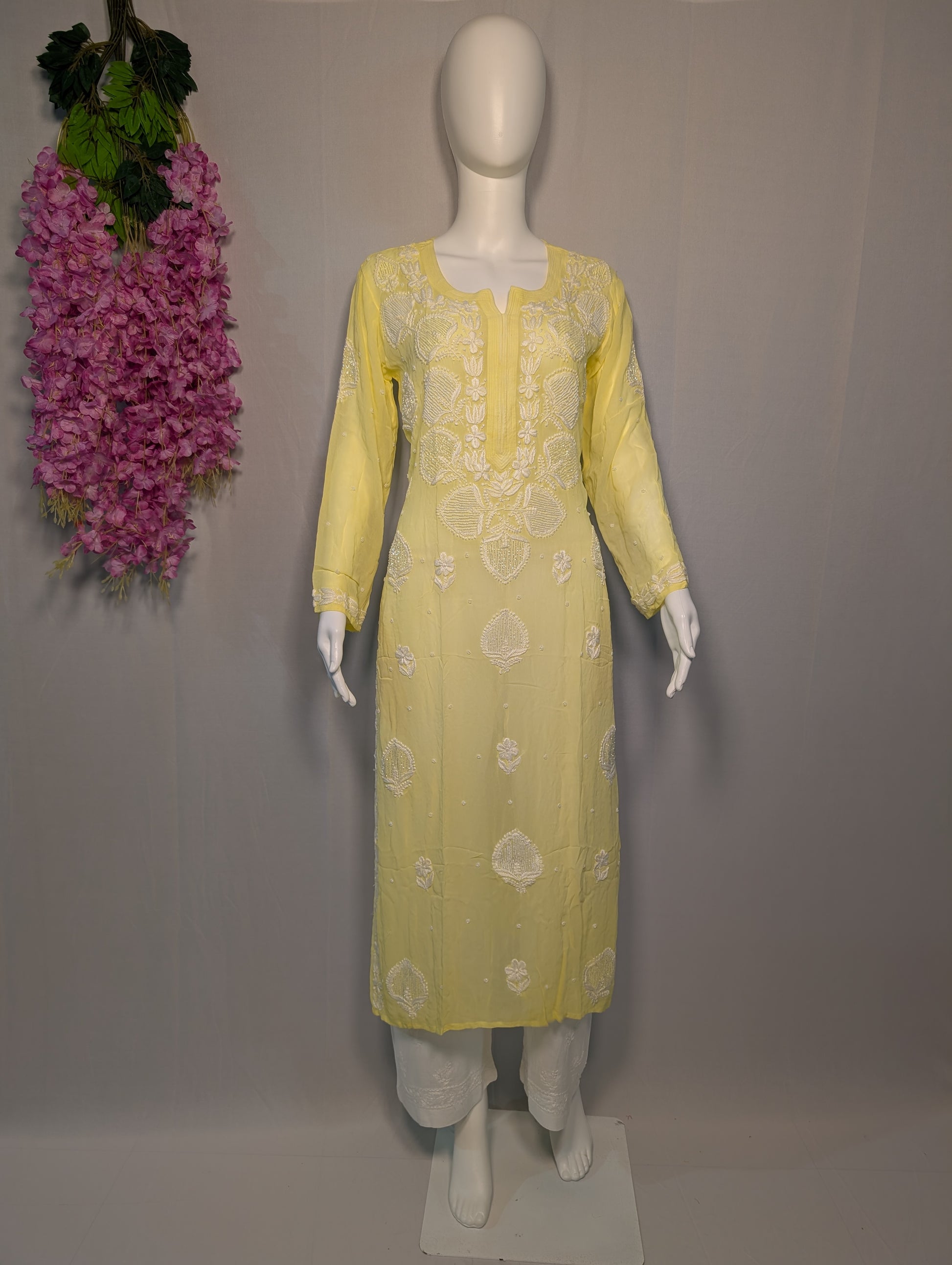 Aafreen Georgette Chikankari Kurti – Lemon Bliss with Pearled Grace
