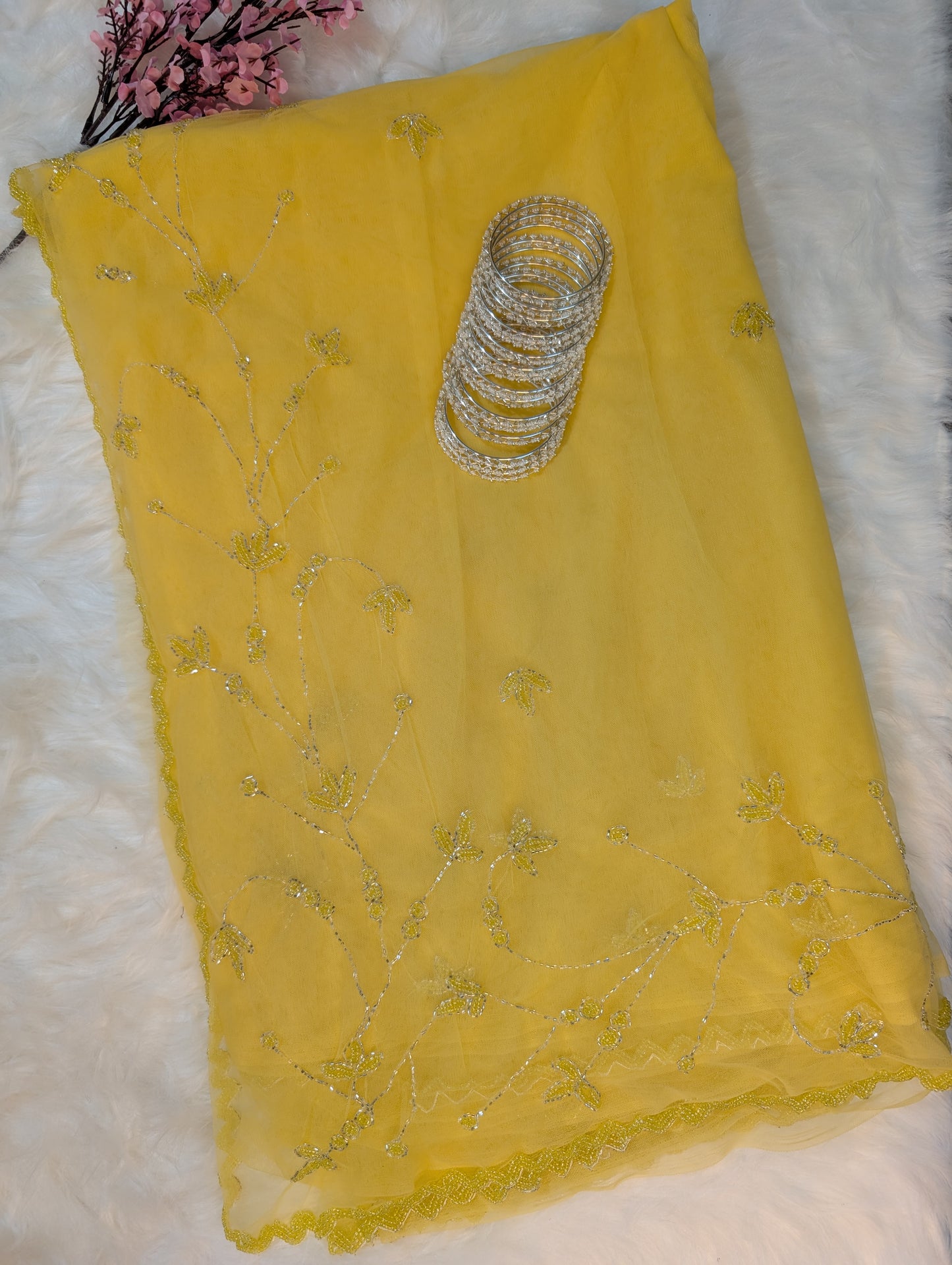 Yellow Soft Net Saree with Hand Embroidery