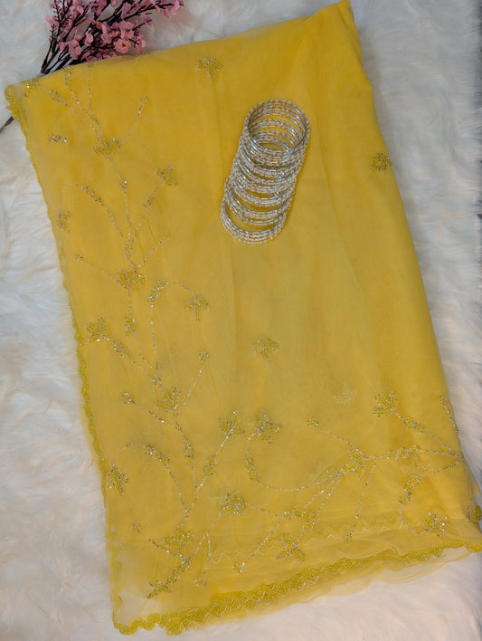 Yellow Soft Net Saree with Hand Embroidery