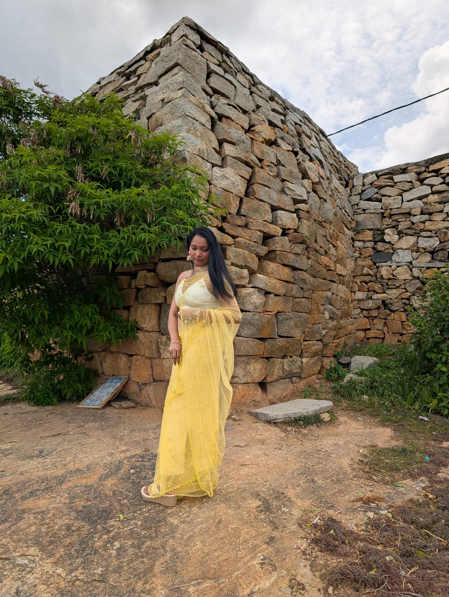 Yellow Soft Net Saree with Hand Embroidery
