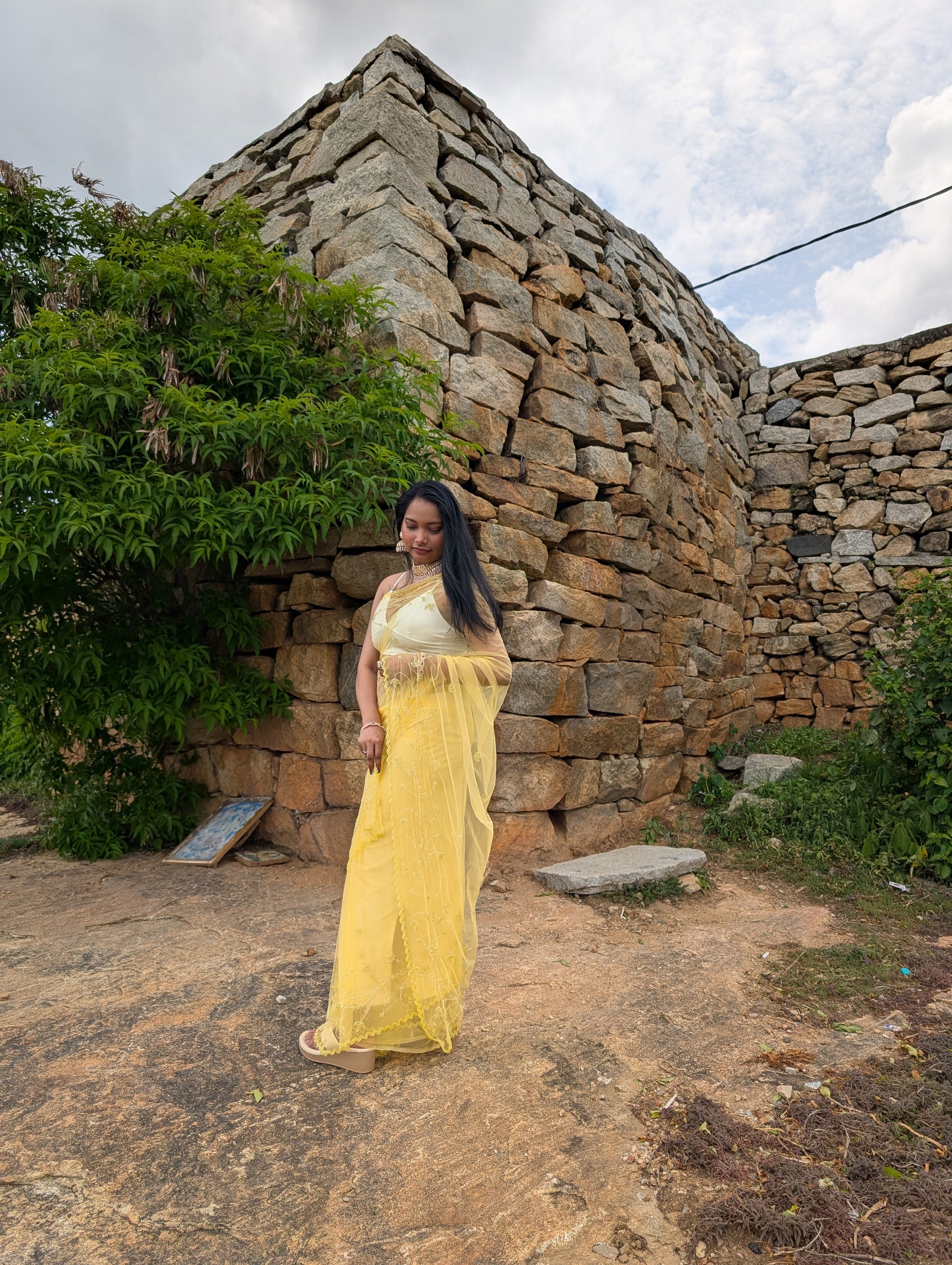 Yellow Soft Net Saree with Hand Embroidery