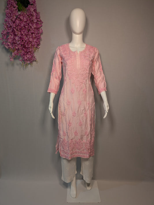 Pink mul chanderi kurti with thread chikenkari handwork by Zari Zen Studio – handmade Indian ethnic wear