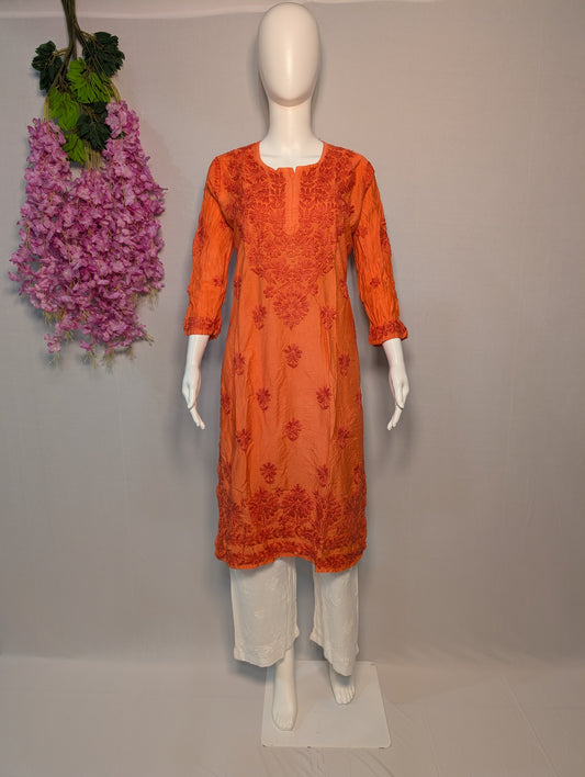 Chanderi cotton handwork chikenkari kurti by Zari Zen Studio
