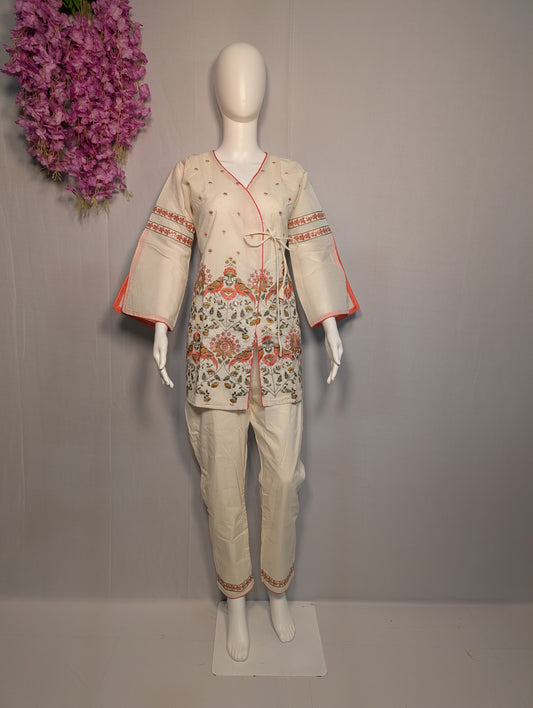 Floral Embroidered Cotton Coord Set – Tie-Up Angrakha Style Kurta with Straight Pants | Zari Zen
