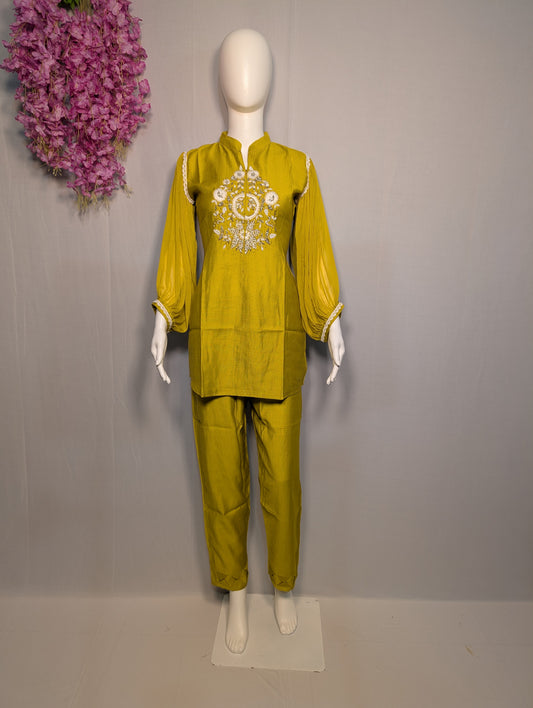 Mustard Yellow Coord Set – Balloon Sleeve Kurta with Embroidered Yoke & Matching Pants | Zari Zen