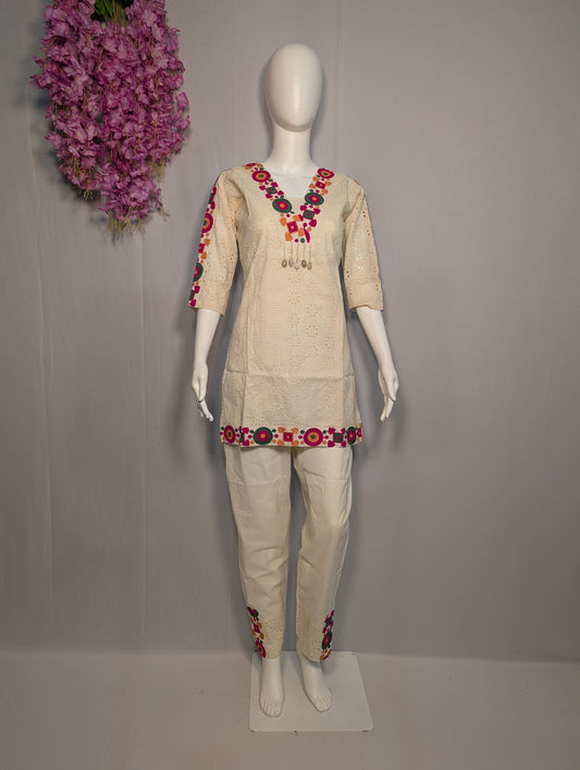 Ivory Embroidered Coord Set with Multicolor Mirror Work
