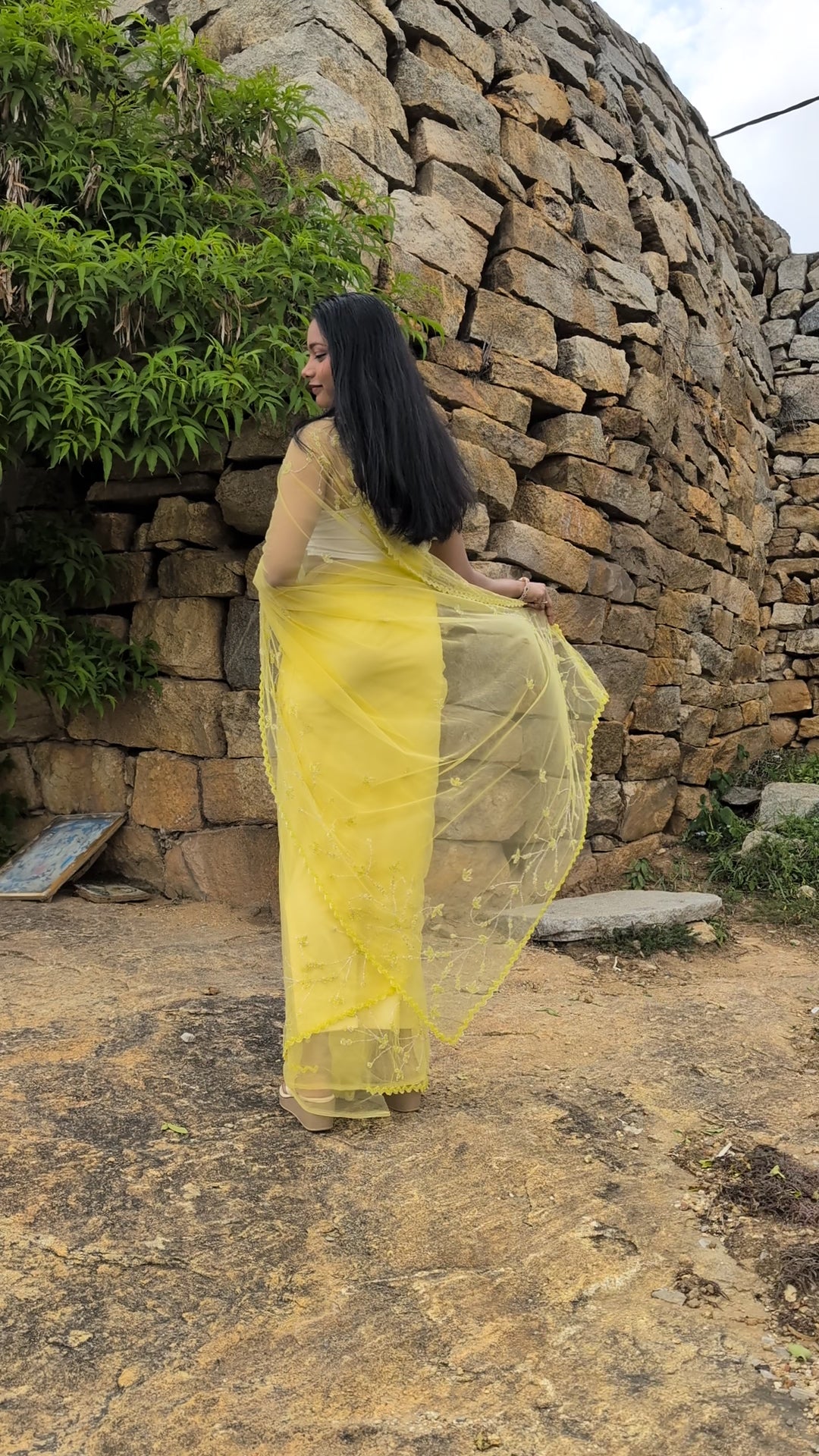 Yellow Soft Net Saree with Hand Embroidery