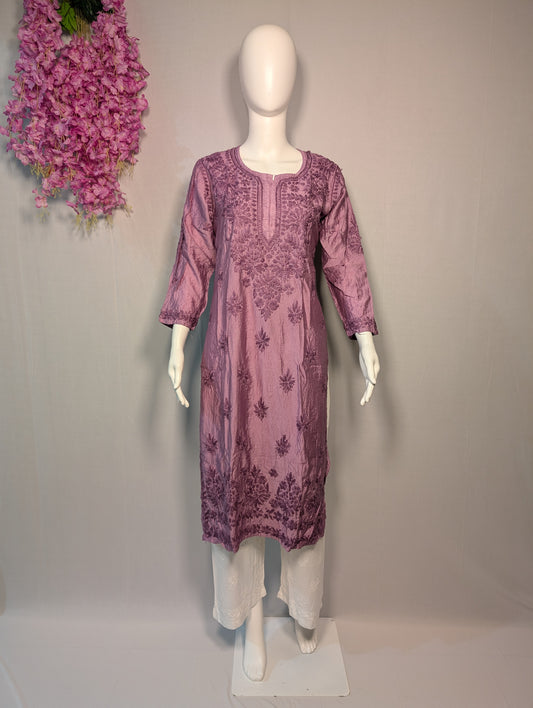 Purple mul chanderi kurti with thread chikenkari handwork by Zari Zen Studio – handmade Indian ethnic wear