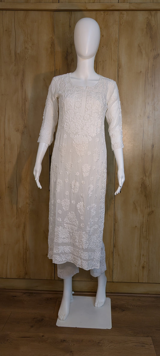 white viscous georgette kurti with chikenkari handwork by Zari Zen Studio – handmade Indian ethnic wear
